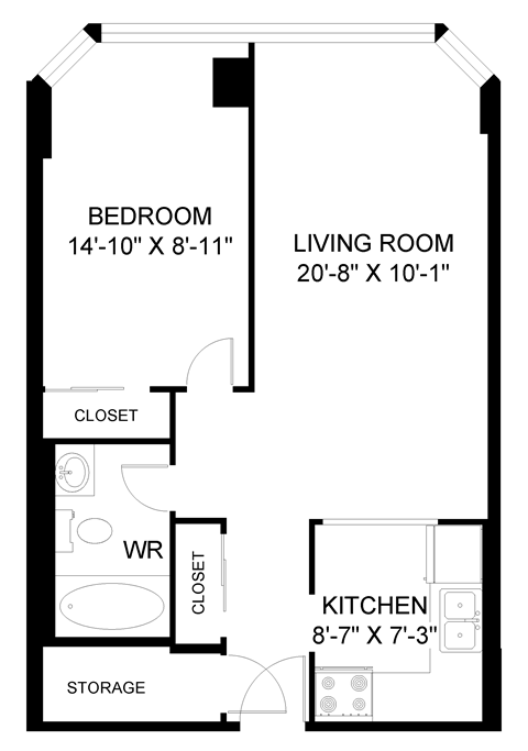 Floor plan for 1 bed, 1 bath, 603 sqft
